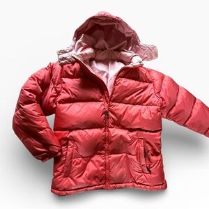 Lands' End Goose Down Hooded Puffer Jacket Reversible Melon Pink Girls XL 18-20